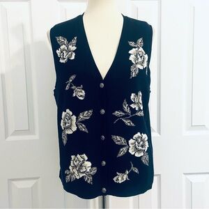 Vintage Alfred Dunner Sweater Vest Button Up Black w/ White Roses Womens Sz MP